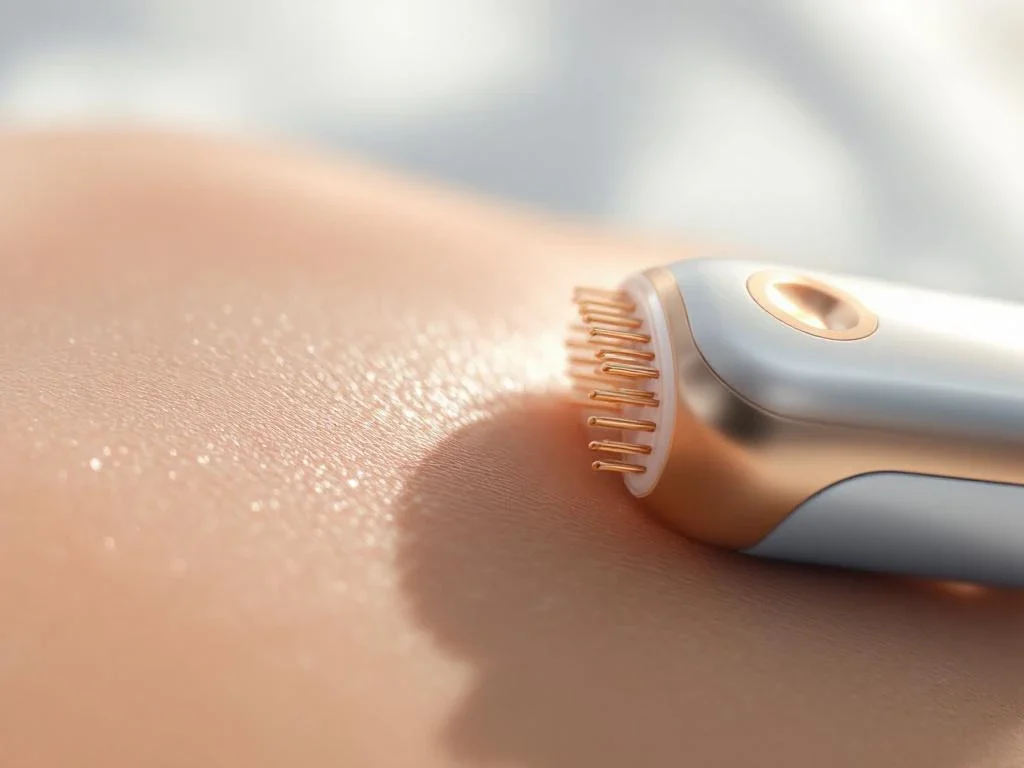 RF-microneedling apparaat met gouden naalden op gladde huid met professionele medische achtergrond