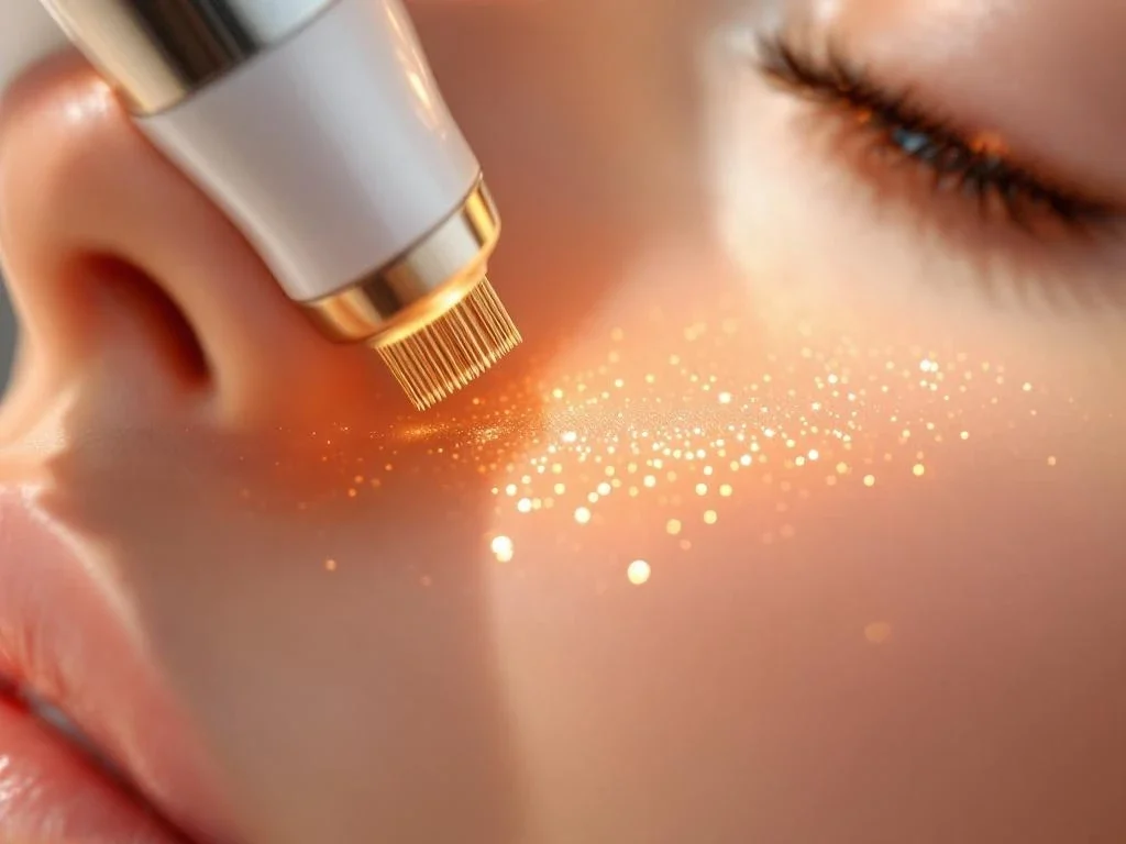 RF-microneedling apparaat boven huid met gouden naalden, toont voor-en-na resultaat van pigmentvlekken behandeling