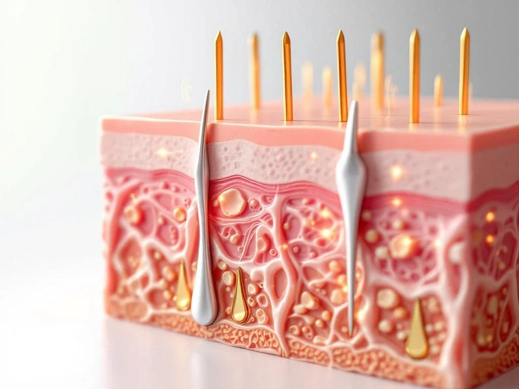 Dwarsdoorsnede van huidlagen met RF-microneedling naalden die zeven huidlagen penetreren voor medische behandeling
