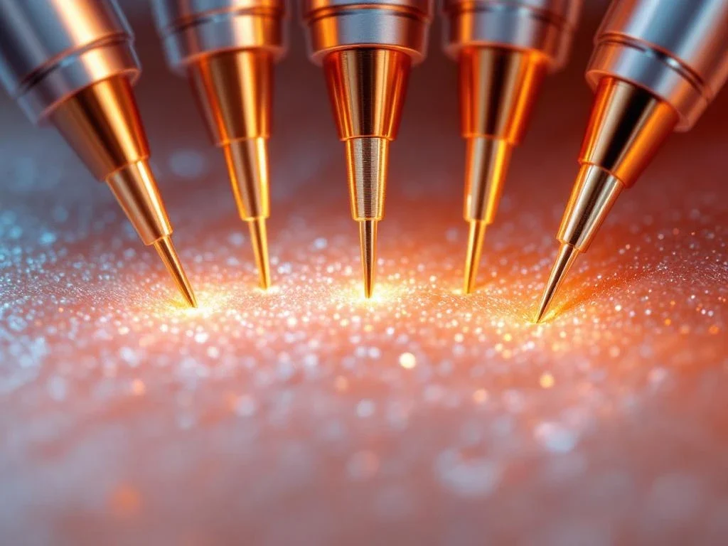 Gouden RF-microneedling apparaattips boven diverse huidtextuurmonsters in rasterpatroon op steriele witte achtergrond