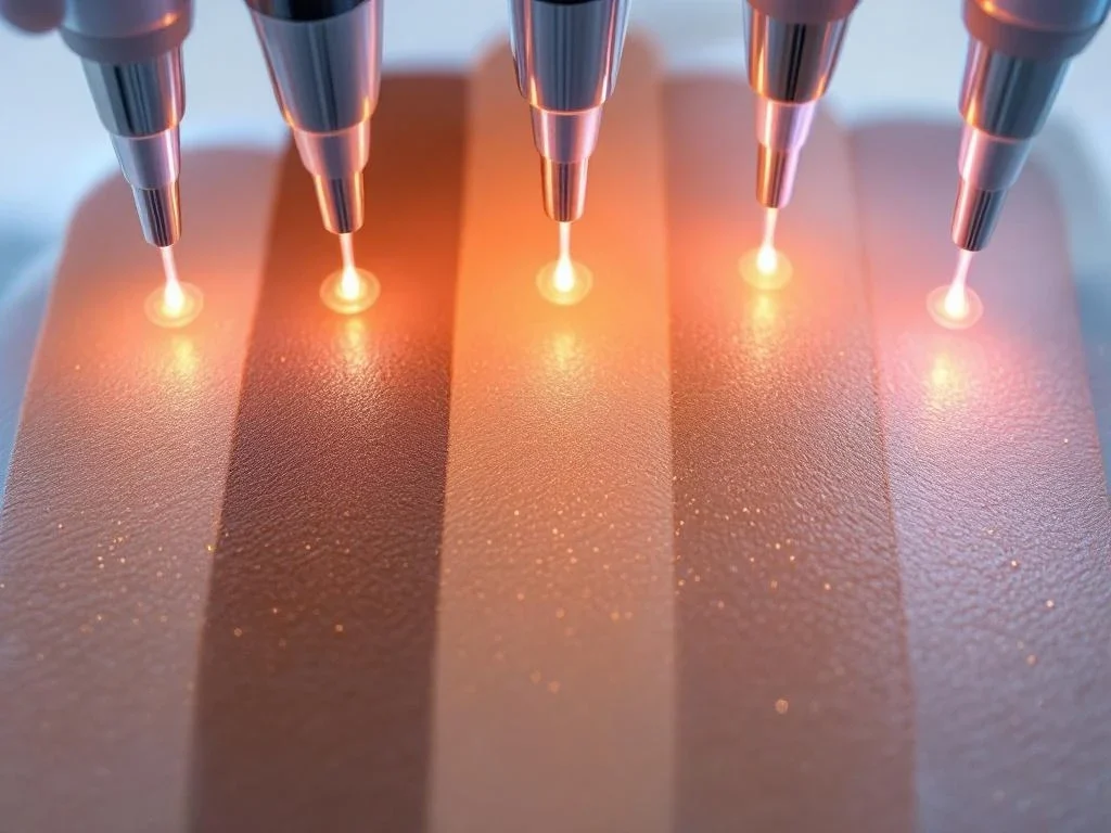 Zeven huidtinten met microneedling-behandelingseffecten en RF-apparaat op medische witte achtergrond