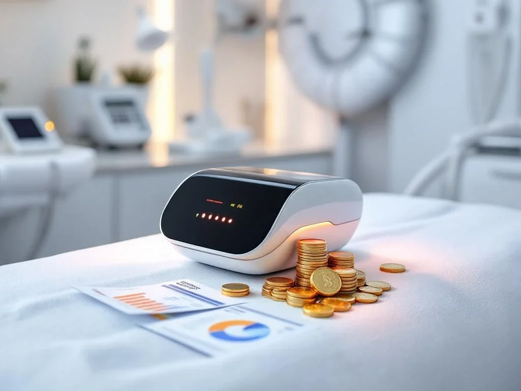 RF-microneedling apparaat op behandeltafel omringd door gouden munten en eurobiljetten in steriele medische ruimte