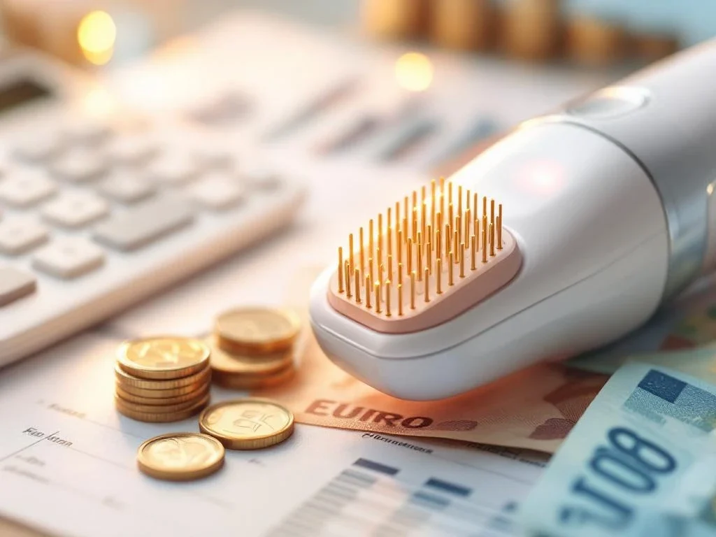 RF-microneedling apparaat met gouden naalden naast eurobankbiljetten en rekenmachine op medische ondergrond