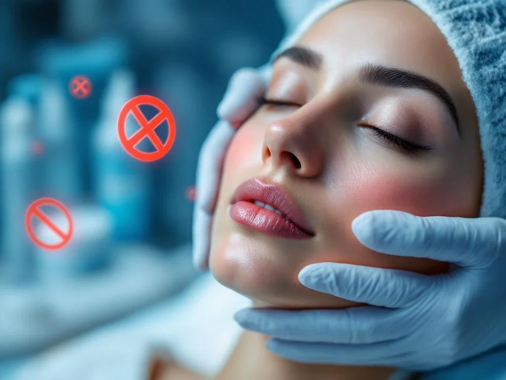 Handen raken behandelde gezichtshuid aan na RF-microneedling behandeling in kliniek met waarschuwingssymbolen