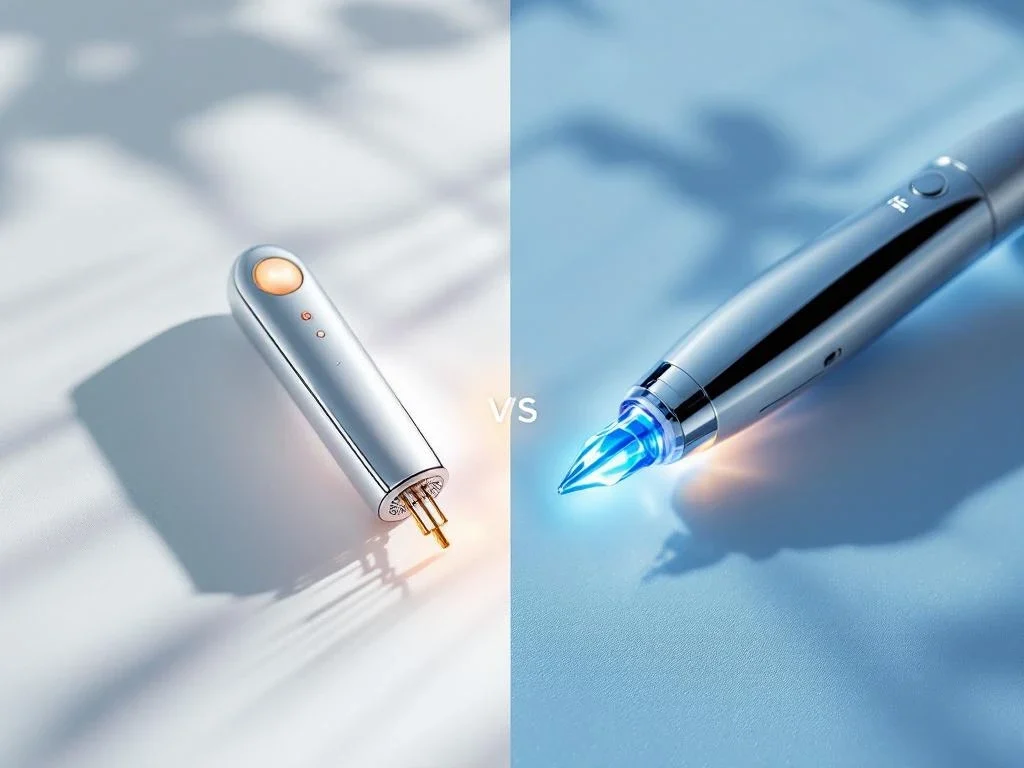 RF-microneedling apparaat met gouden tips versus IPL handstuk op witte klinische ondergrond met blauwe verlichting