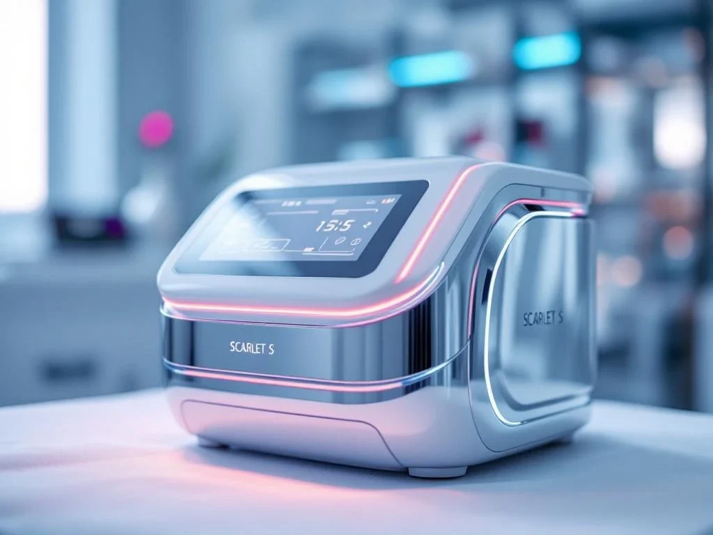 Scarlet S RF-microneedling apparaat met LED-indicatoren en digitale displays op klinische tafel in moderne medische kliniek