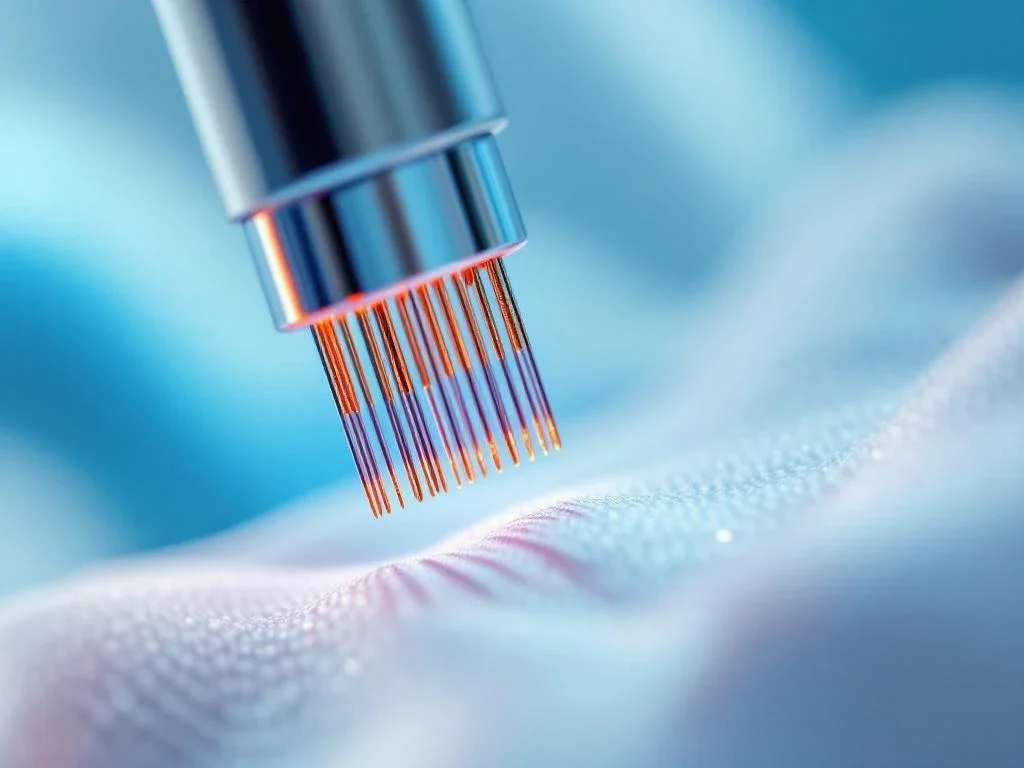 Sylfirm X RF-microneedling apparaat tip met goudgeplateerde naalden van verschillende lengtes in medische setting