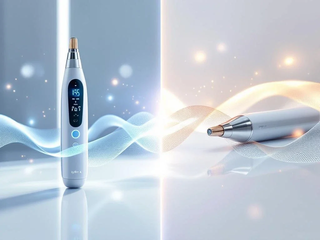 Sylfirm X RF microneedling apparaat met gouden naalden naast generieke apparaten in medische kliniek setting