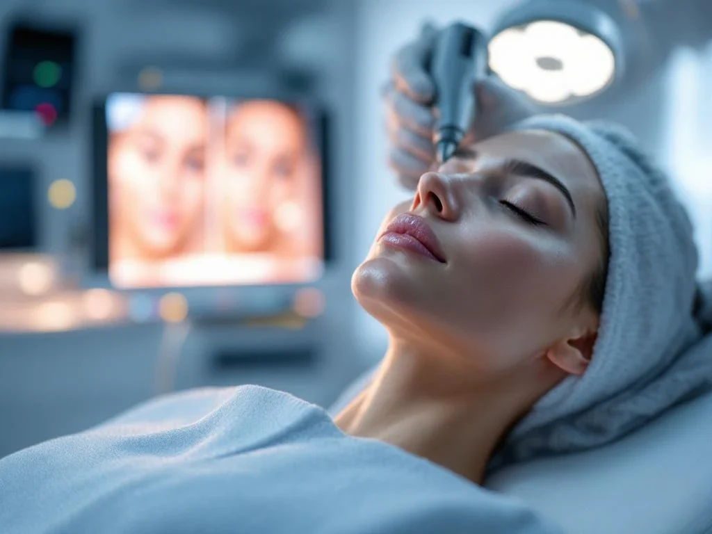 Sylfirm X RF-microneedling apparaat in steriele behandelkamer met voor-en-na huidverbetering visualisatie op achtergrond