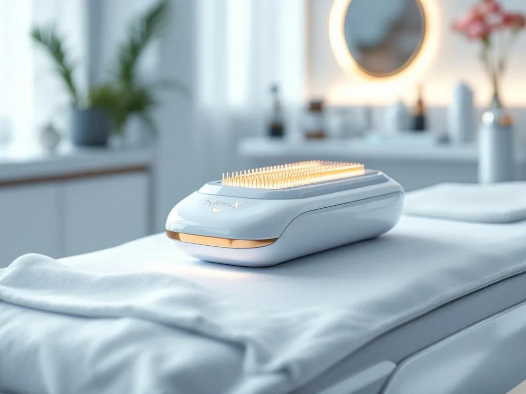 Sylfirm X RF-microneedling apparaat met gouden naalden op behandeltafel in moderne esthetische kliniek