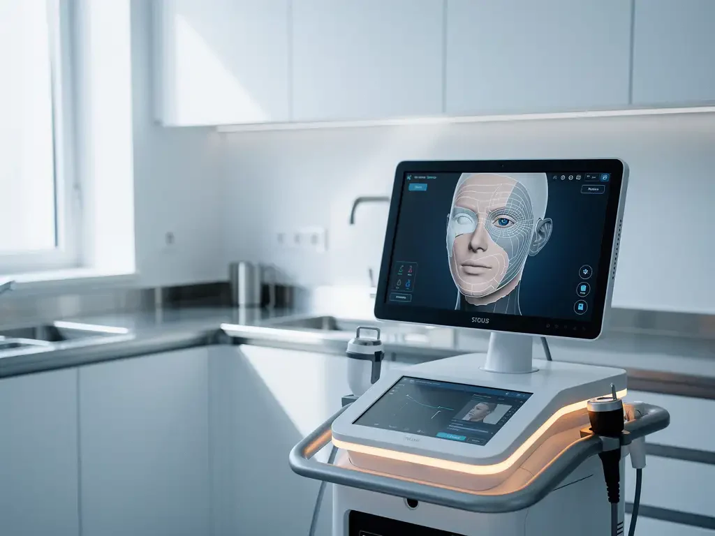 3D huidanalyserapparaat toont onvolledige gezichtsscan met hiaten op monitor in steriele medische onderzoekskamer