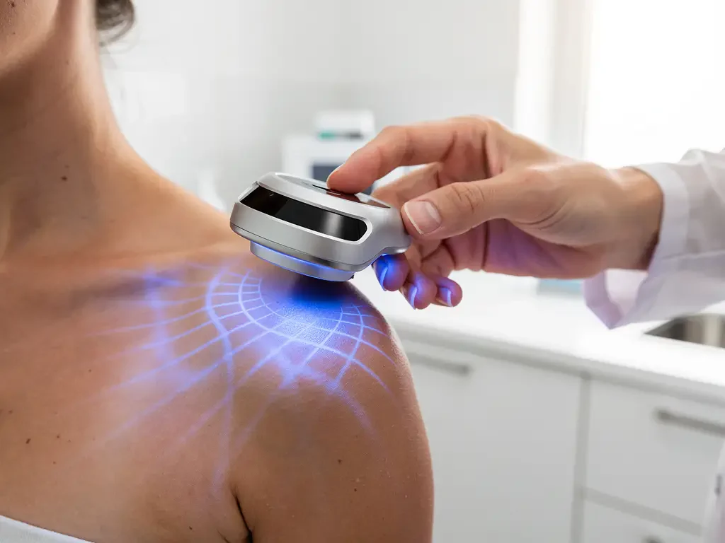 Dermatoloog gebruikt 3D-scanapparaat met blauwe lichtpatronen op patiëntenschouder in klinische onderzoeksruimte