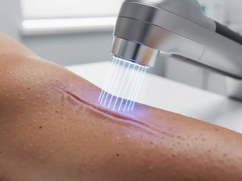 3D-scanner projecteert blauwe laserlijnen op menselijke huid met litteken in steriele medische onderzoeksruimte