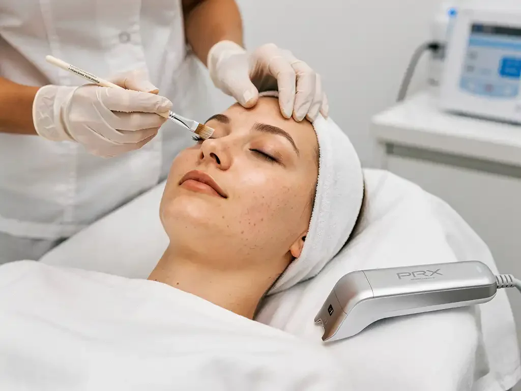 Gehandschoende handen van schoonheidsspecialiste brengen chemische peeling aan op gezicht terwijl PRX-apparaat klaarstaat