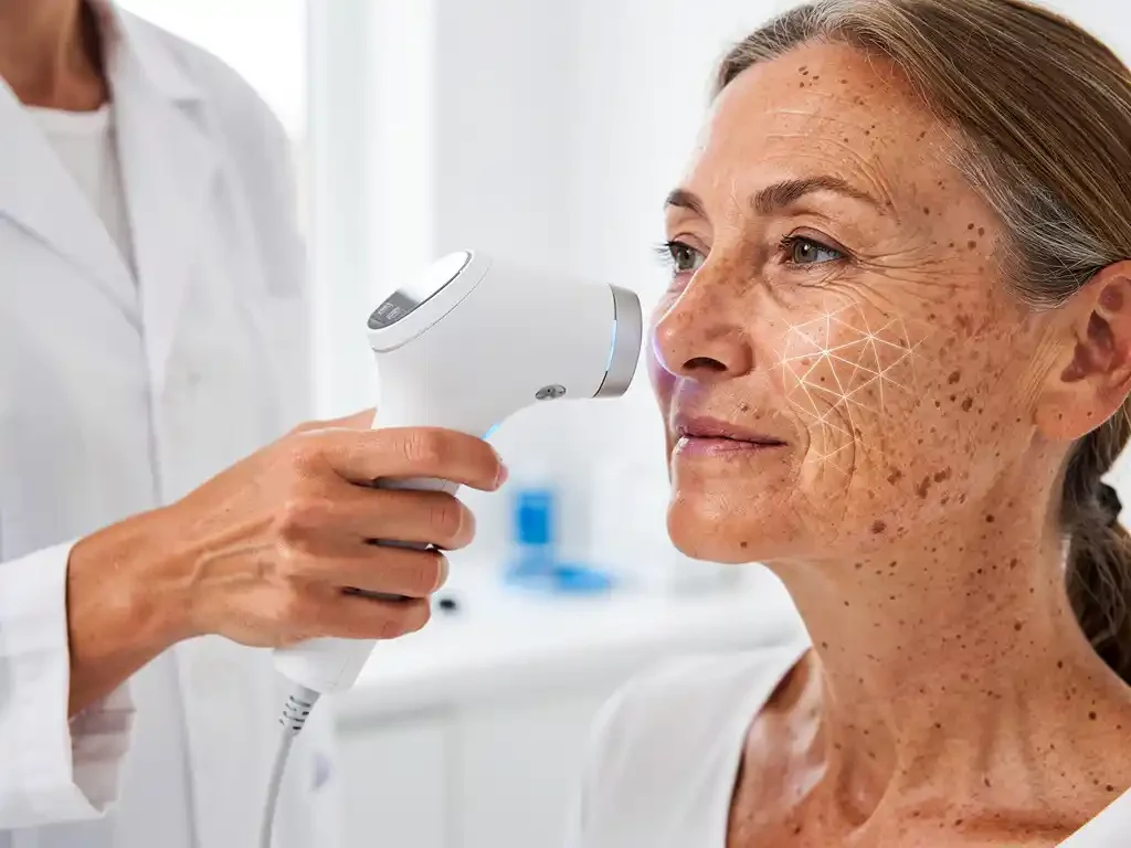 Dermatoloog onderzoekt zonbeschadigde wang van patiënt met 3D huidanalyse scanner in klinische behandelkamer