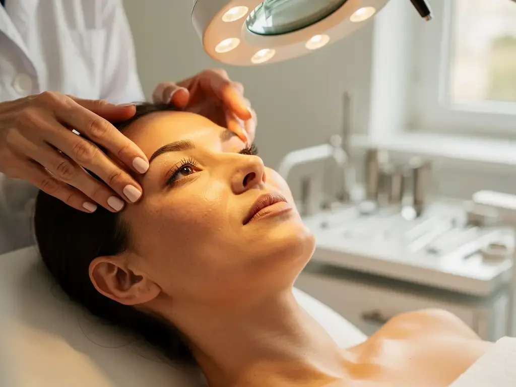 Dermatoloog onderzoekt patiëntenhuid met vergrootlamp in moderne behandelkamer met professionele medische apparatuur