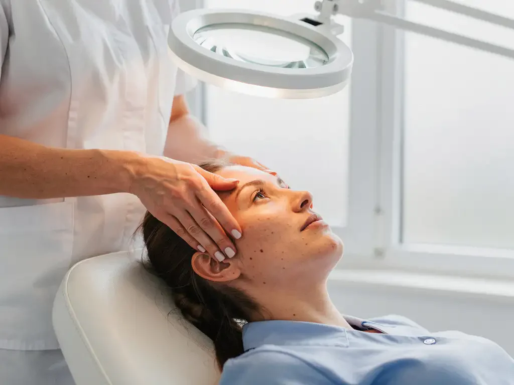 Dermatoloog onderzoekt gezichtshuid van patiënt met vergrootlamp in moderne behandelkamer