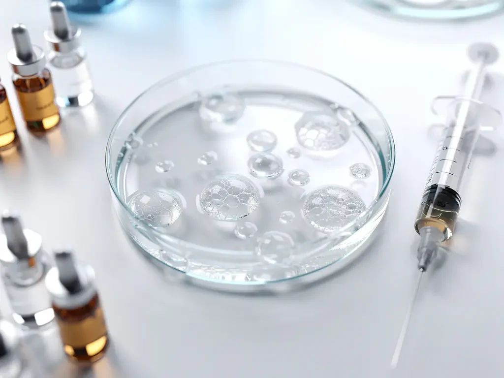 Glazen petrischaal met microscopische vesikels in laboratoriummedium op steriel medisch werkstation met spuit en huidverzorgingsflesjes