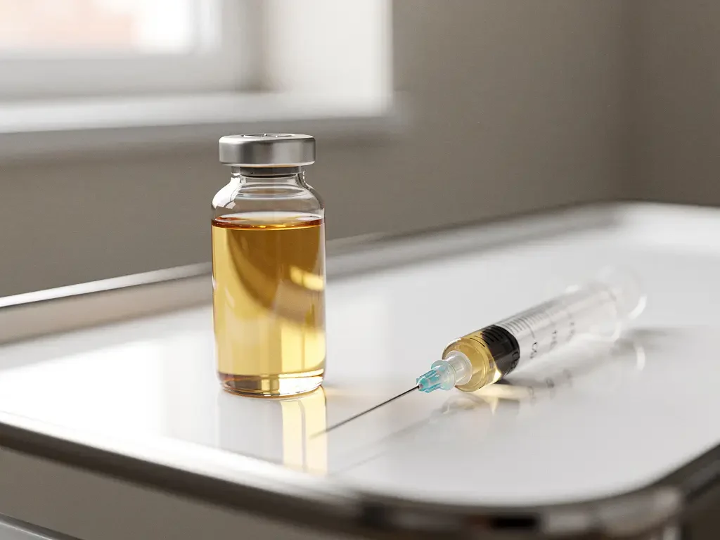 Glazen flacon met gouden exosoom serum en injectiespuit met heldere filler gel op witte medische schaal in kliniek