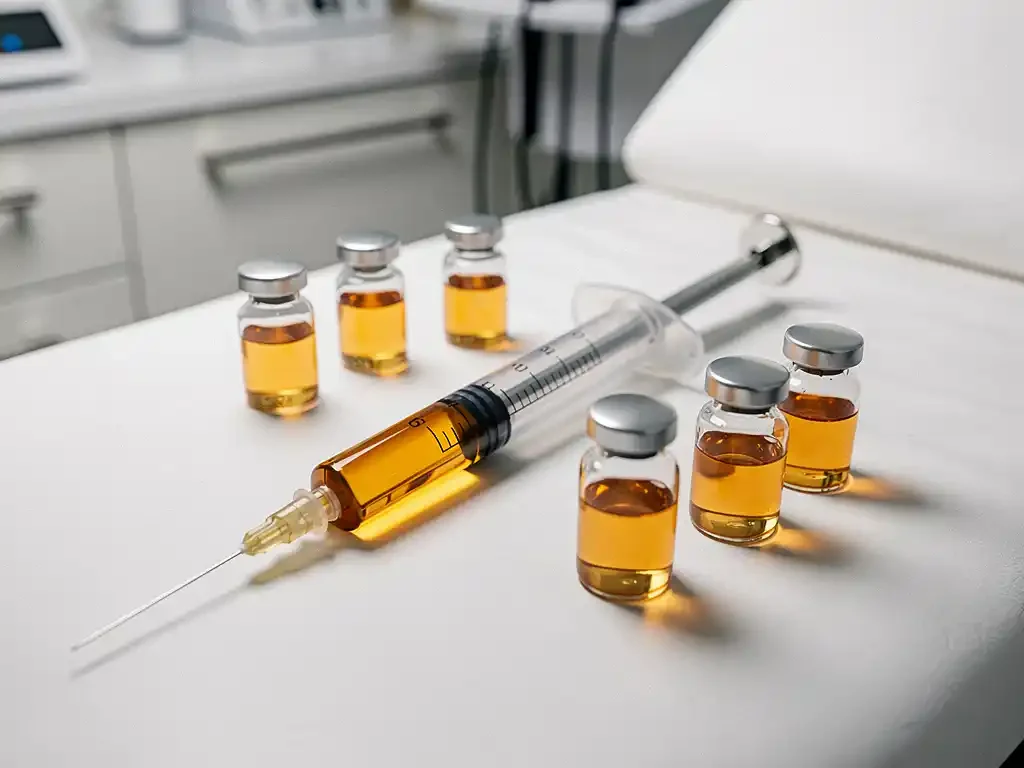 Medische spuit gevuld met gouden exosoom oplossing op witte behandeltafel met zeven glazen flesjes serum in steriele kliniek