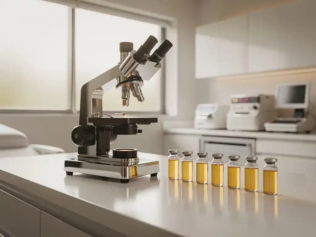 Chromen microscoop en zeven glazen flesjes met gouden exosoommonsters op witte klinische werkbank in medische onderzoekskamer