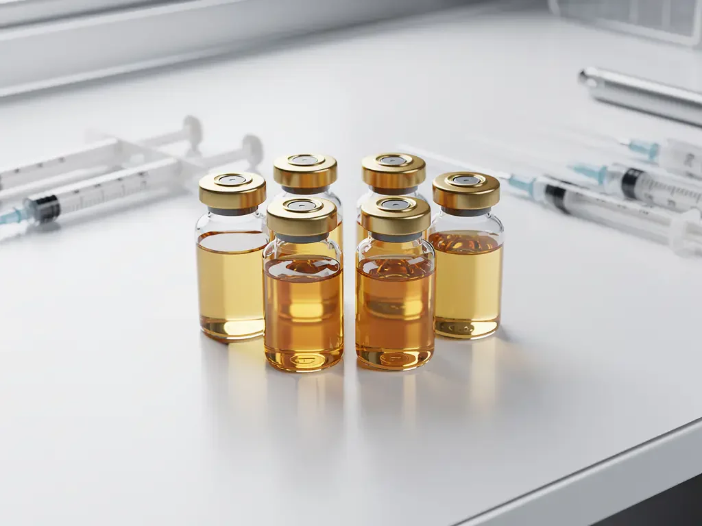 Zes glazen flesjes met gouden exosoom serum op witte laboratoriumtafel met micropipetten en steriele spuiten