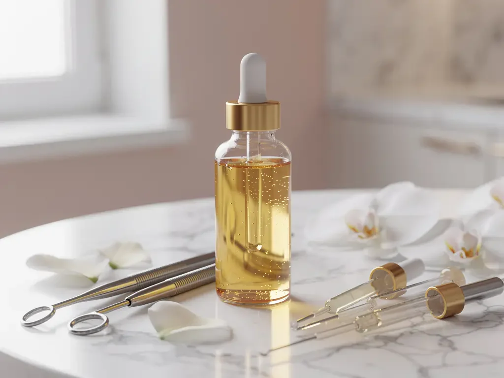 Gouden exosoom serum in glazen flesje op marmeren laboratoriumtafel met orchidee bloemblaadjes en huidverzorgingstools