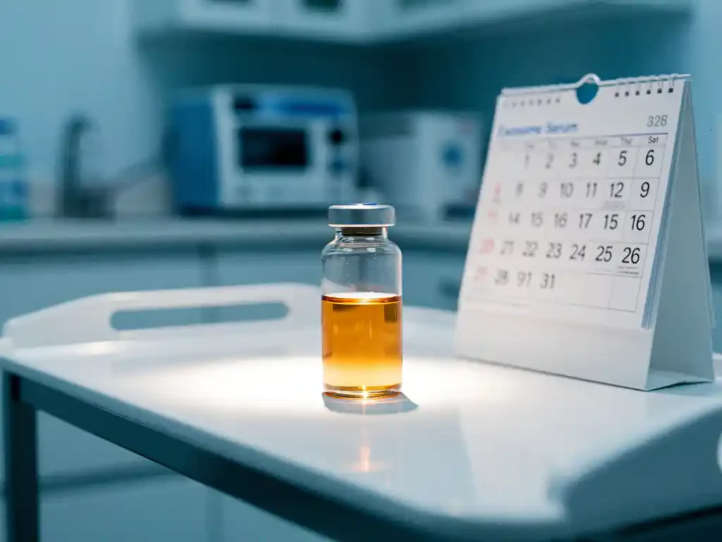Exosoom serum flesje op witte medische dienblad naast kalender met doorgestreepte datums in steriele klinische omgeving