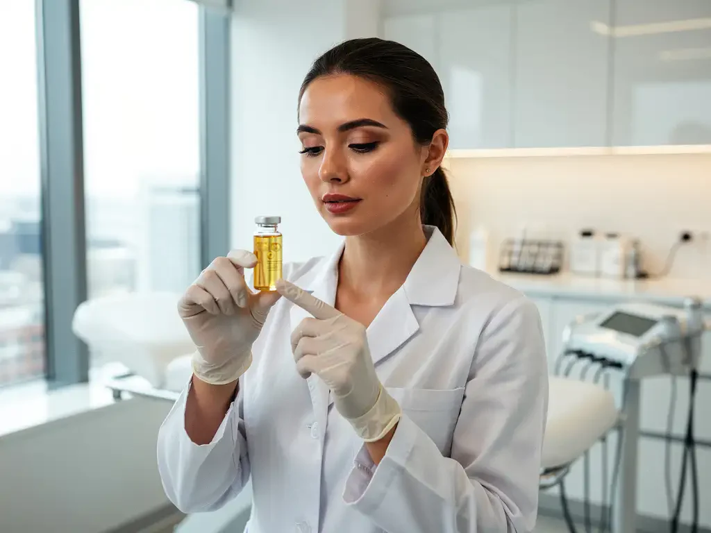 Medisch estheticienne in witte jas onderzoekt glazen flesje met gouden exosoom serum in klinische behandelkamer