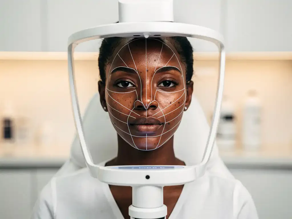 3D gezichtsscanner projecteert meetlijnen op vrouw met donkere huid in witte medische kliniek