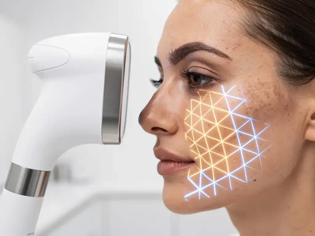 Geavanceerde 3D gezichtsscanapparatuur projecteert geometrische lichtpatronen op vrouwenwang in medische esthetiekkliniek