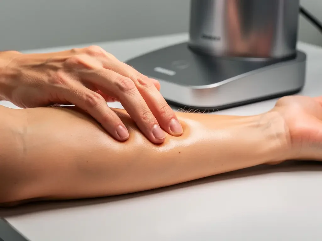 Vingertoppen drukken zachtjes in elastische huid op onderarm, met 3D-scanapparatuur op medische tafel