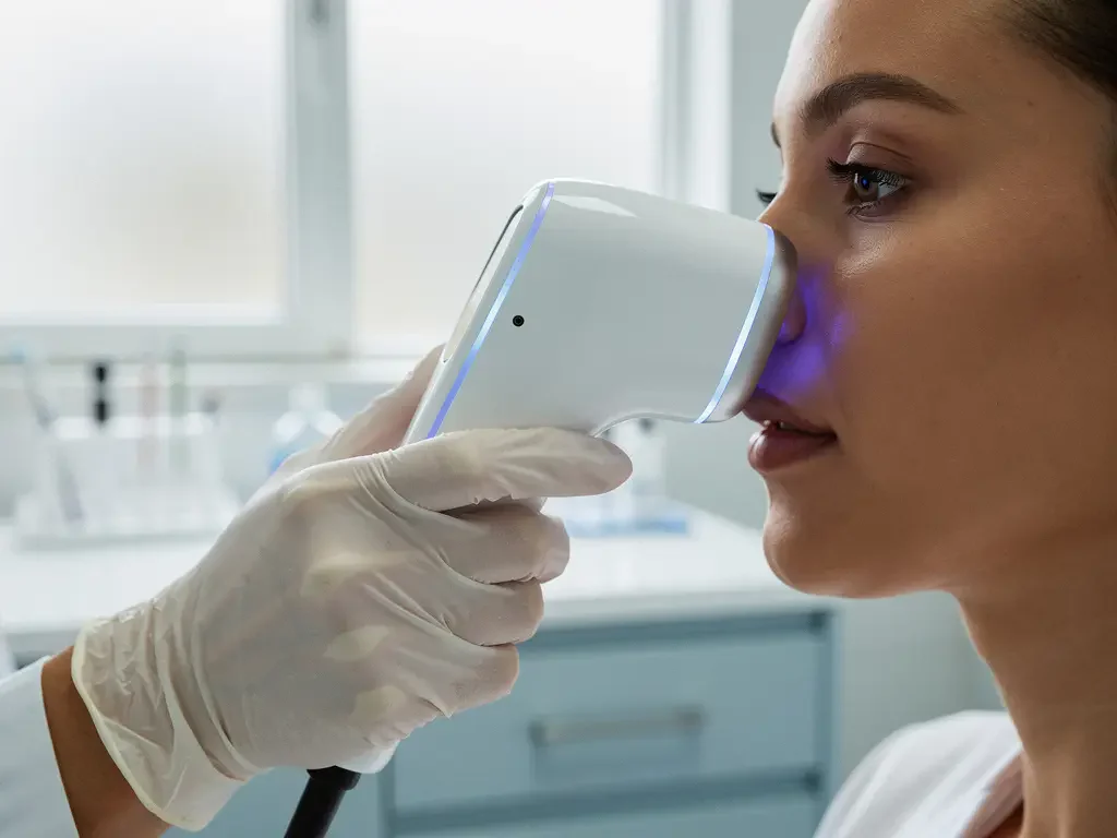 Dermatoloog plaatst 3D huidanalyse-apparaat tegen patiënt wang in moderne klinische behandelkamer