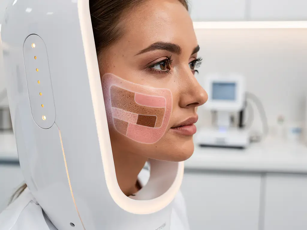 3D huidanalyserapparaat projecteert holografische kaart op vrouwenwang, toont pigmentatiezones in bruine en roze tinten