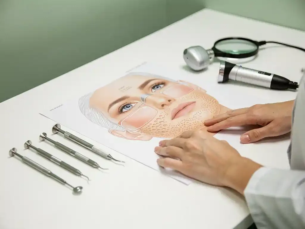 Handen van huidspecialist onderzoeken 3D gezichtsanalyse rapport op witte medische tafel met huidverzorgingstools