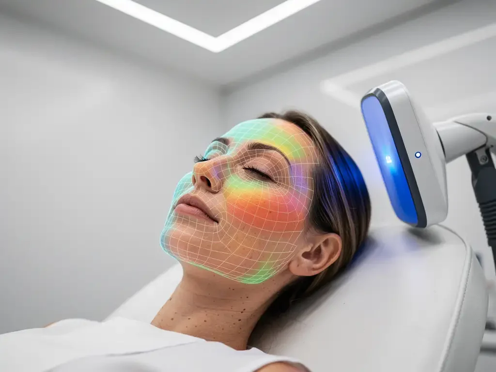 Vrouw ondergaat 3D gezichtsscan met holografische huidanalyse projectie in moderne klinische behandelkamer