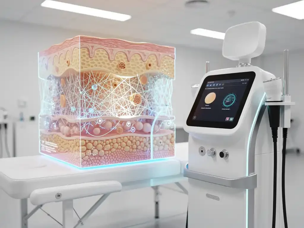 3D huidanalyseapparaat projecteert holografische dwarsdoorsnede van huidlagen met collageenvezels op witte onderzoekstafel
