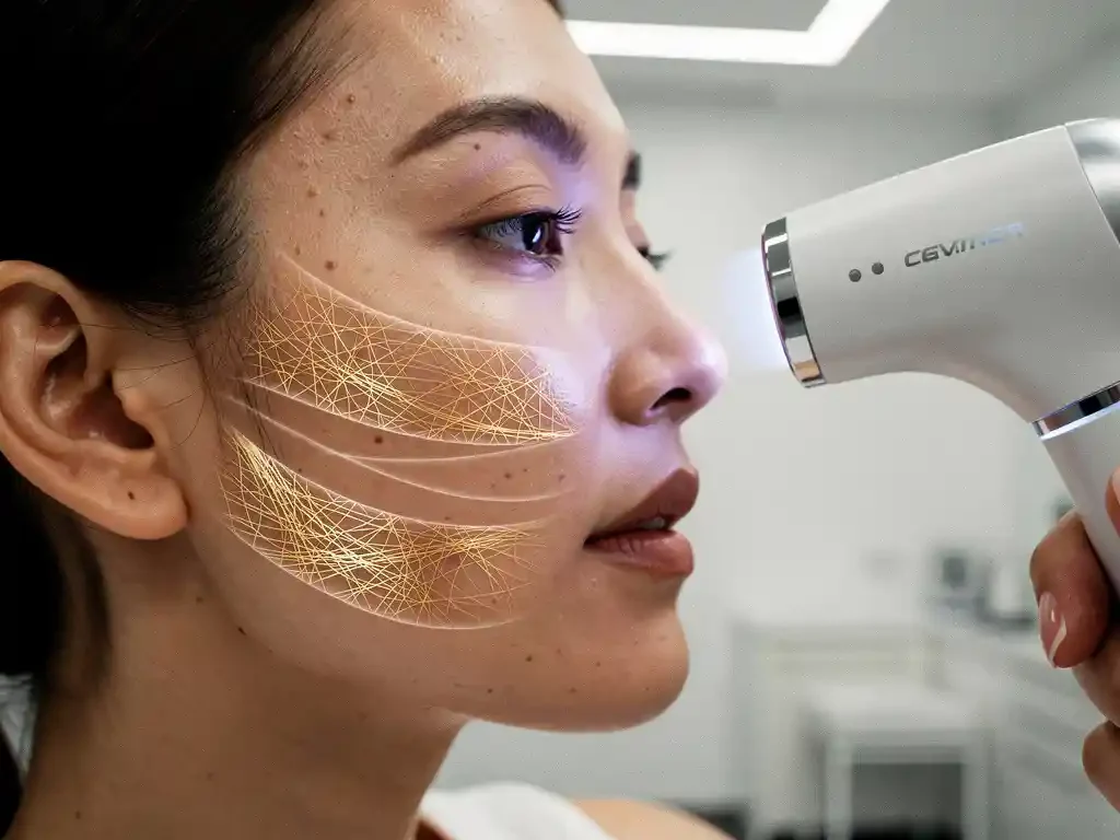 3D huidanalysesysteem scant vrouwenwang en toont gouden collageenvezels onder transparante huidlagen in kliniek