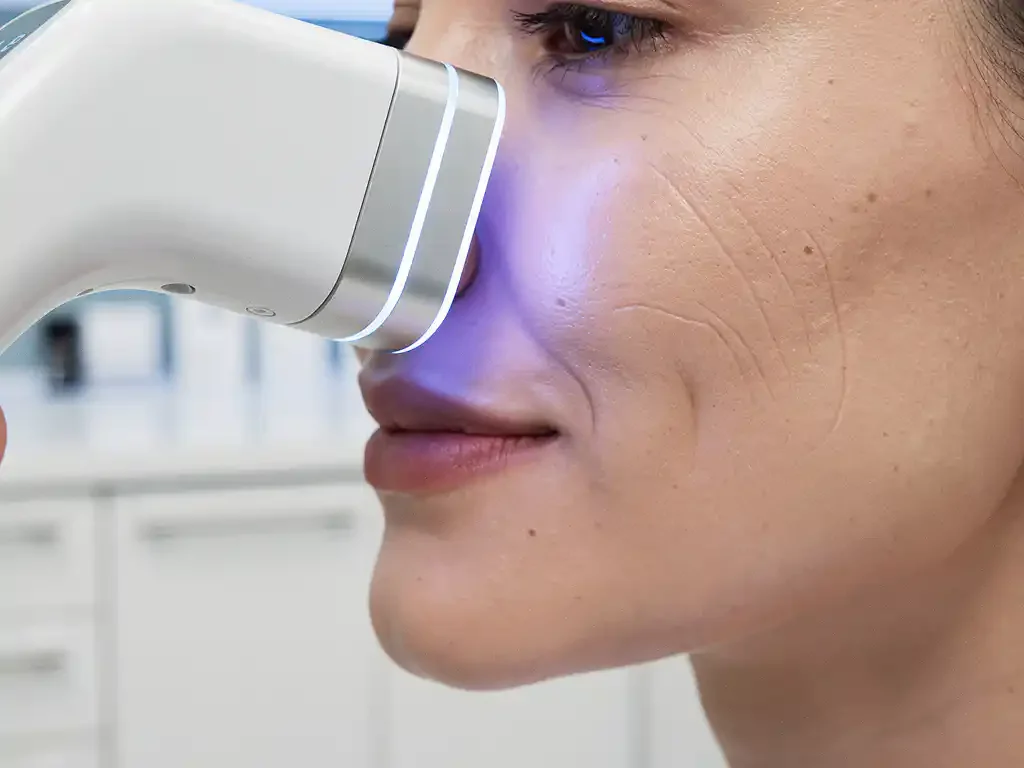 3D huidanalysescanner onderzoekt wang van vrouw met blauwe LED-verlichting in dermatologiekliniek