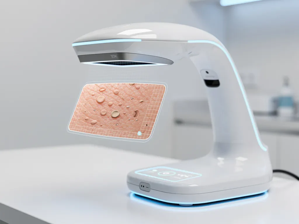 Geavanceerde 3D huidanalysescanner onderzoekt gezichtshuid met topografische mapping van poriën en textuur in moderne dermatologiekliniek