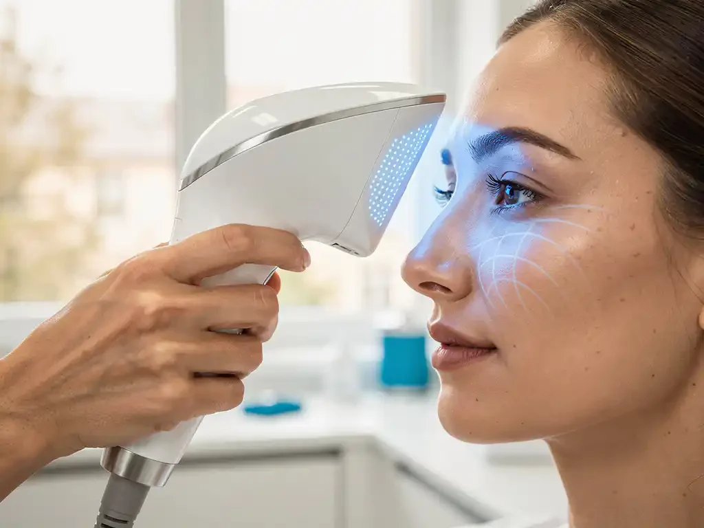 Dermatoloog past witte 3D huidanalyse-scanner aan bij cliënt, blauw licht projecteert op huid in moderne kliniek