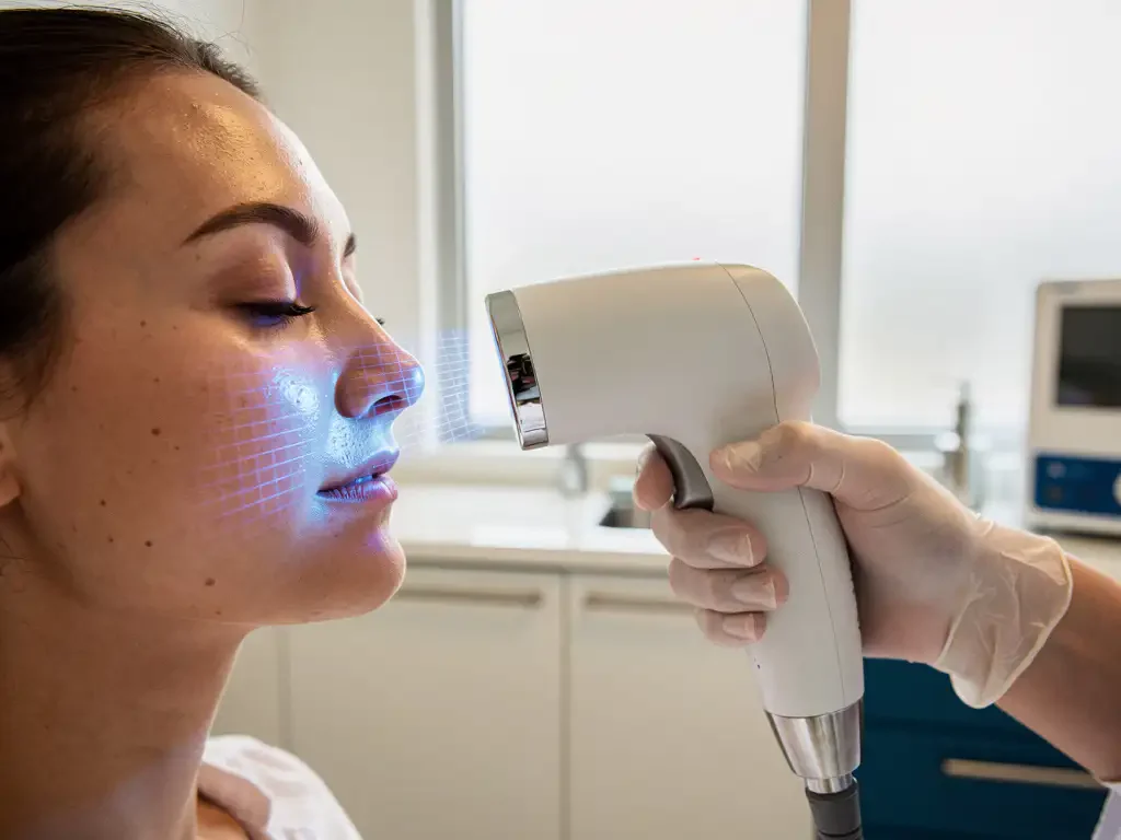 Dermatoloog gebruikt 3D huidanalyserapparaat met blauwe lichtprojectie op patiëntengezicht in moderne kliniek