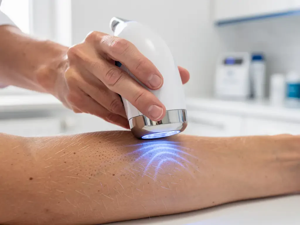 Dermatoloog gebruikt 3D huidanalysescanner met blauw licht op patiënt onderarm in moderne kliniek