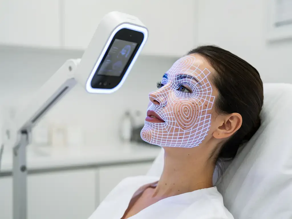 3D huidanalyse apparaat projecteert blauwe LED-raster op vrouwengezicht in moderne medische kliniek voor gedetailleerde huidtextuur scanning