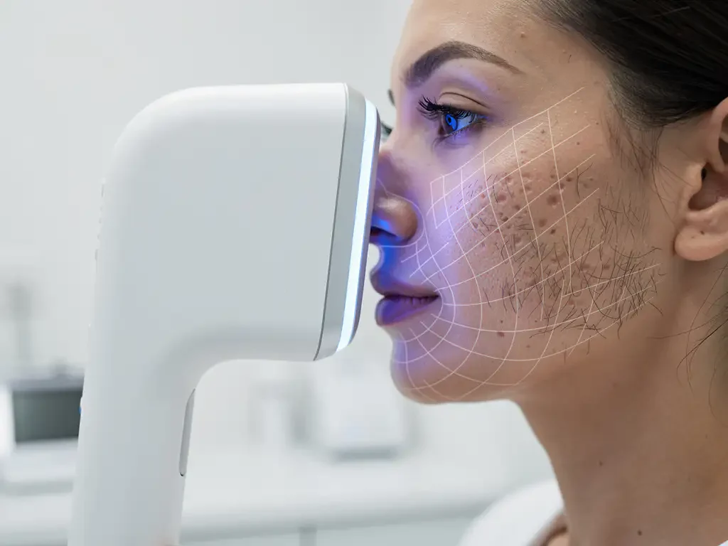 Geavanceerd 3D huidanalyserapparaat met witte behuizing en blauwe LED's scant vrouwengezicht met lasergrid in esthetische kliniek