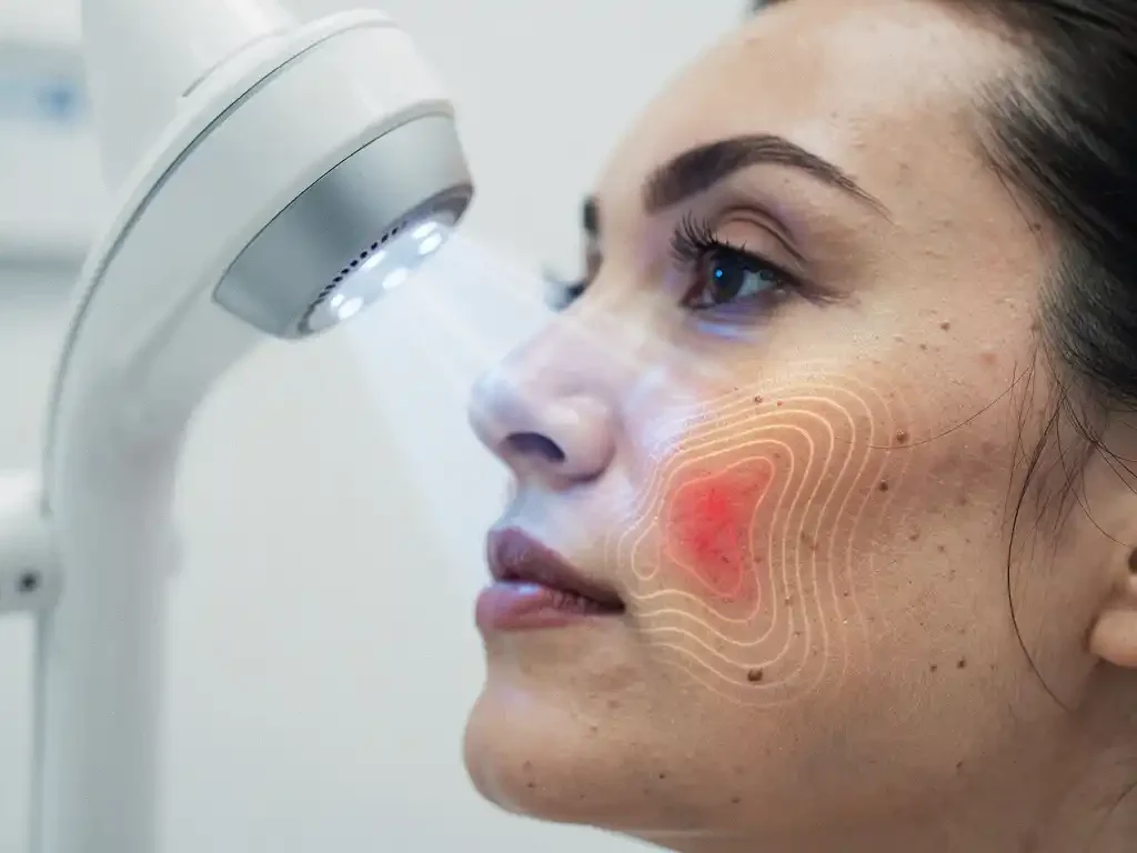 3D huidanalyseapparaat projecteert topografische kaart op wang van patiënt, toont ontstekingspatronen in klinische onderzoeksruimte