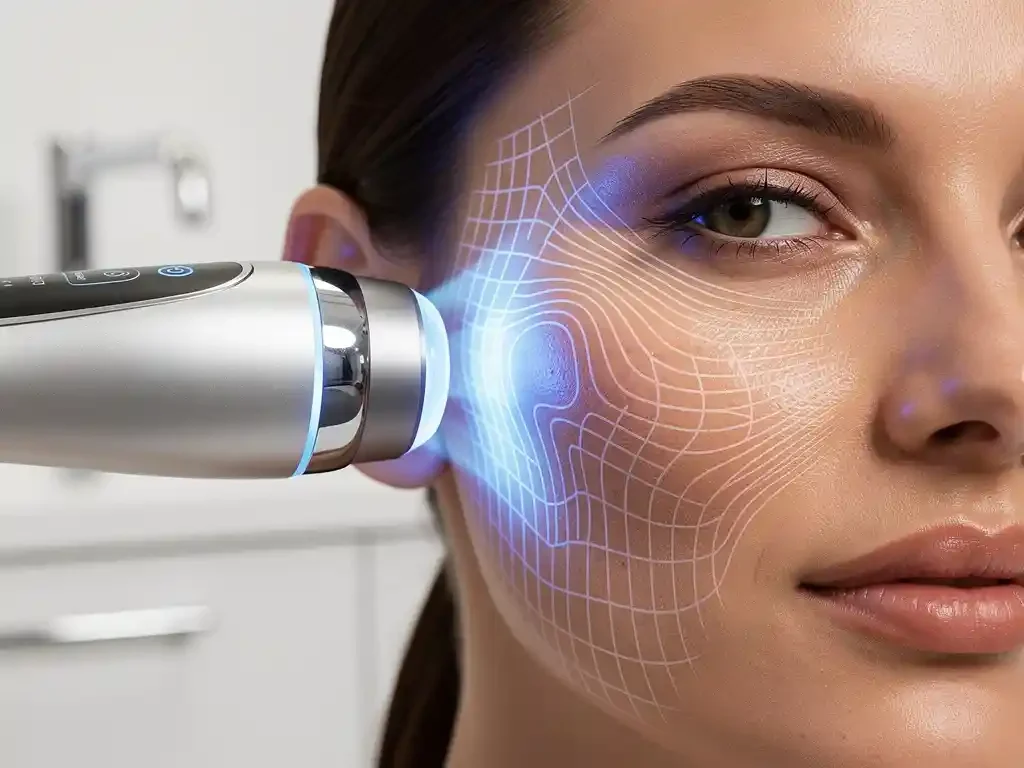 3D huidanalysesysteem scant vrouwengezicht met blauwe LED-lichtprojectie in witte medische kliniek