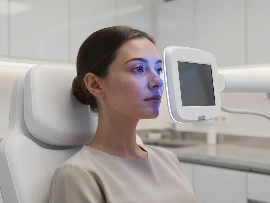 3D huidanalyse apparaat scant vrouwengezicht met blauwe LED-verlichting in moderne esthetische kliniek