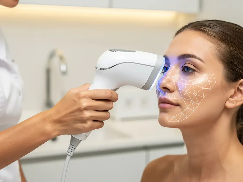 Huidspecialist gebruikt geavanceerde 3D huidanalysescanner met geometrische lichtpatronen op cliënt in moderne kliniek