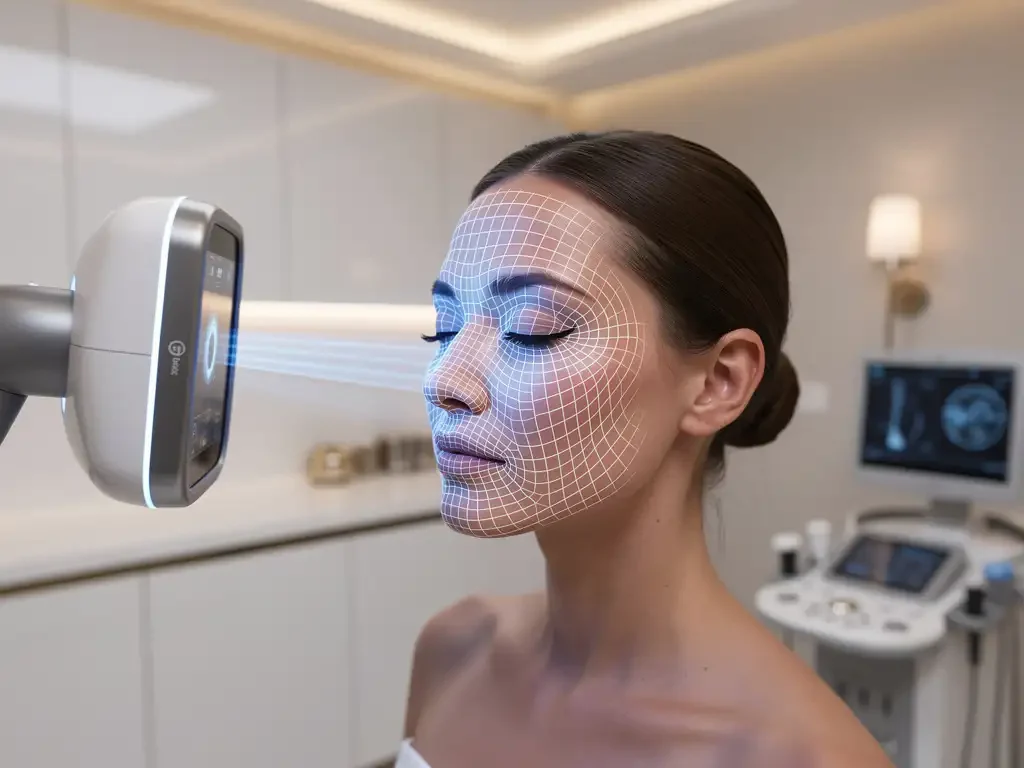 3D huidanalysescanner projecteert blauwe lasergrid op vrouwengezicht in moderne medische kliniek